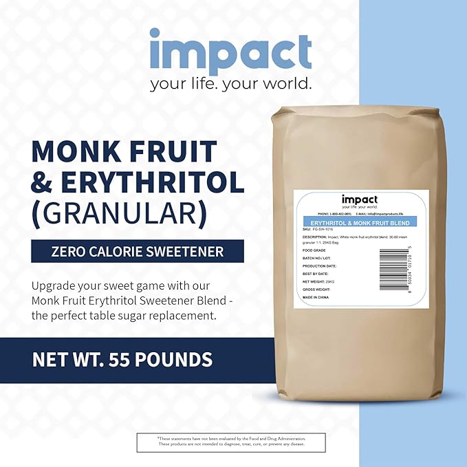 Impact White Monk Fruit & Erythritol Sweetener Blend - Gluten Free, Zero Calories, Net Carbs, Keto