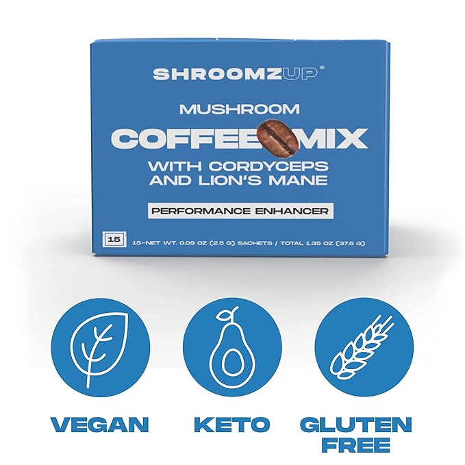 ShroomzUp Instant Mushroom Coffee 15 Pack - Cordyceps & Lion's Mane - Nootropic Mushroom Coffee for