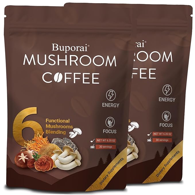 Mushroom Coffee, Instant Mushroom Coffee with 6 Mushrooms Lion’s Mane, Cordyceps, Turkey Tail &