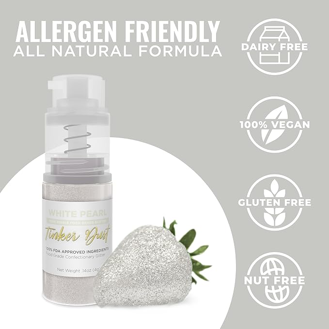Bakell - White Tinker Dust (4g, 1x Mini Spray Pump) Edible Glitter for Food, Desserts, and