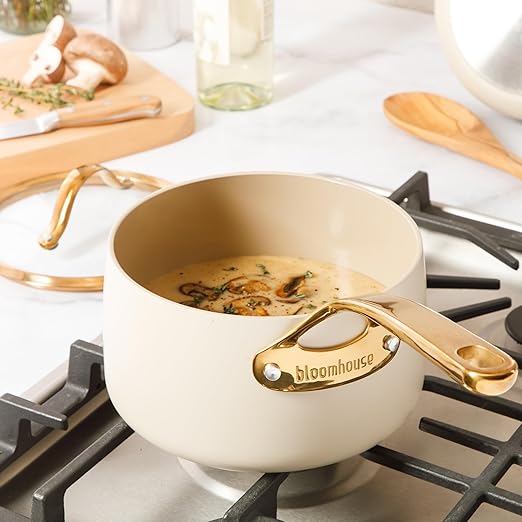 bloomhouse 3 Quart Heavy Duty Aluminum Premium PFA Free Ceramic Nonstick Saucepan with Lid - Almond