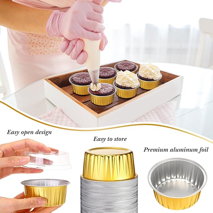 Gejoy 400 Pcs Aluminum Foil Baking Cups with Lids 5 oz Disposable Ramekins Mini Cake Pans Creme
