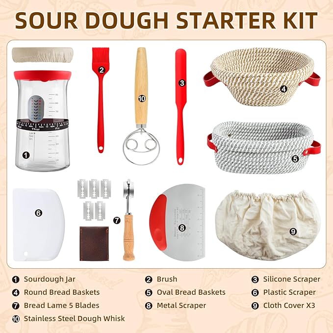 Sourdough Starter Kit,Gift for Bakers Sourdough Bread Baking Supplies,34oz Starter Jar, 2 Cotton