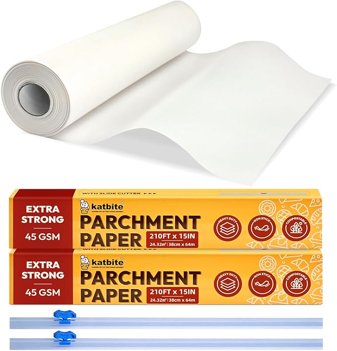 Katbite Parchment Paper Roll for Baking, 2 Pack of 15 in x 210 ft, Heavy Duty Cooking Paper for