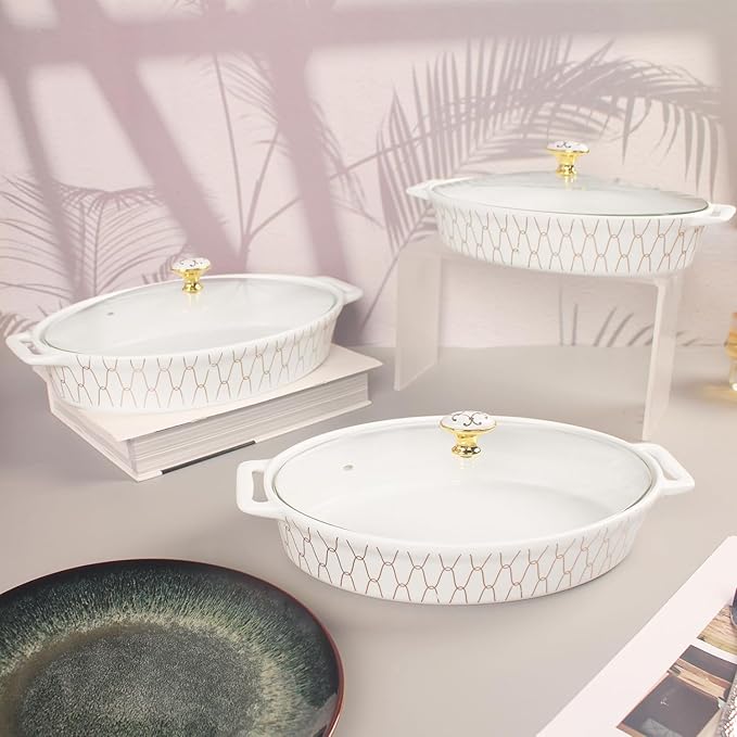 insongdafa 11" x 7.5" Ceramic Oval Casserole Dish with Glass Lid, 1.3 QT Serving Soup