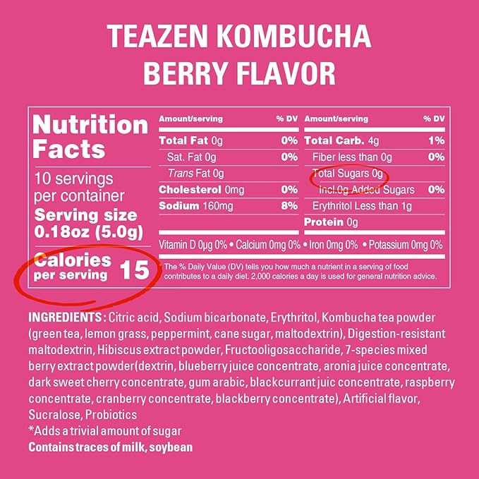 TEAZEN Berry Kombucha Tea, Hydration Drink Mix, Sugar Free, Live Probiotics & Prebiotics, 10