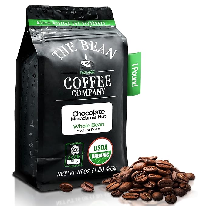 The Bean Organic Coffee Company Chocolate Macadamia Nut, Medium Roast, Whole Bean Coffee, 16-Ounce