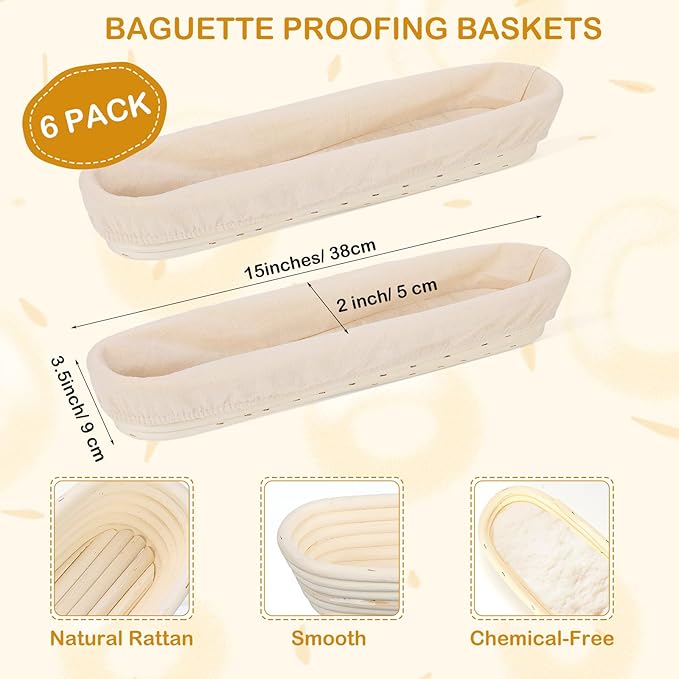 Vesici 15 Inches Baguette Banneton Proofing Basket 6 Pack with Linen Liner Baguette Banneton Bread