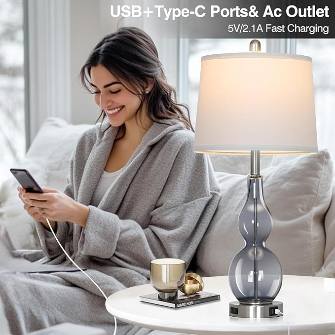 27.5" Gray Clear Glass Table Lamp Set of 2,3-Way Dimmable Touch Control Bedside Lamps with USB