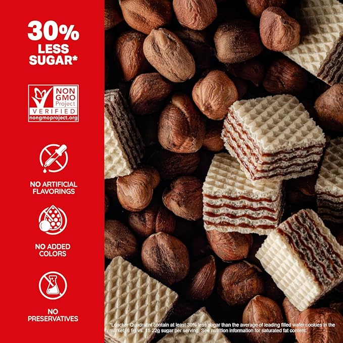 Loacker Quadratini Hazelnut Wafer Cookies LARGE - 30% Less Sugar - Premium Crispy Bite Size Wafers