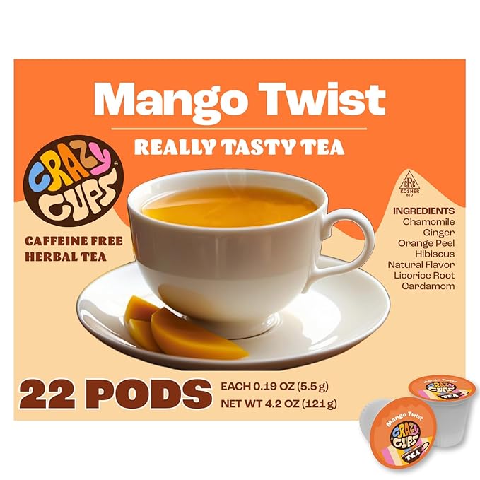 Crazy Cups Mango Twist Herbal Tea Pods, 22 Count | Caffeine Free, Kosher Certified, Fruity Tropical