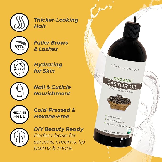 Viva Naturals Cold pressed Organic Castor Oil 16 fl oz - Castor Oil for Face, Eyelashes