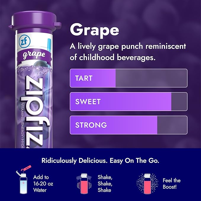 Zipfizz Daily Energy Drink Powder, Grape, 12 Pack | 3-in-1 Sustained Energy, Rapid Hydration, and
