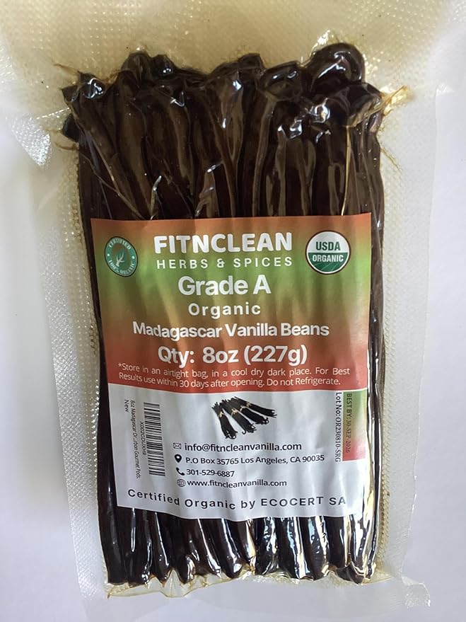 8oz Madagascar Organic Vanilla Beans Grade A. Certified USDA Organic. Fresh 6"-8" for Cooking