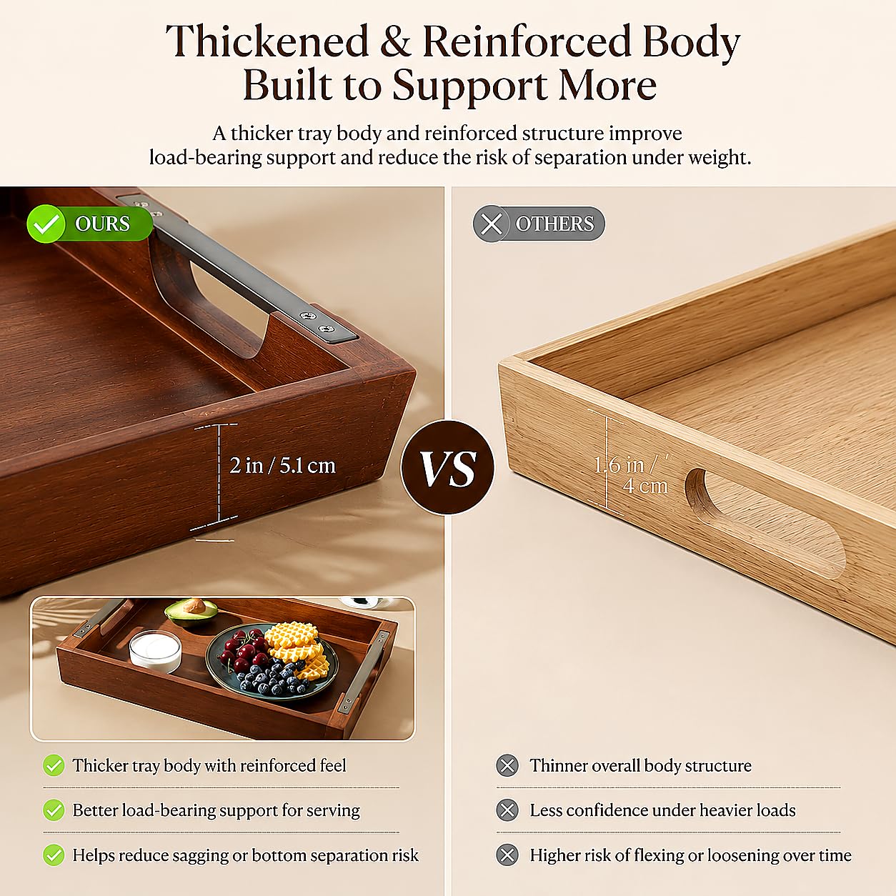 DOFIRA Acacia Wood Serving Tray with Metal Handle, 17x13in Tray for Ottoman