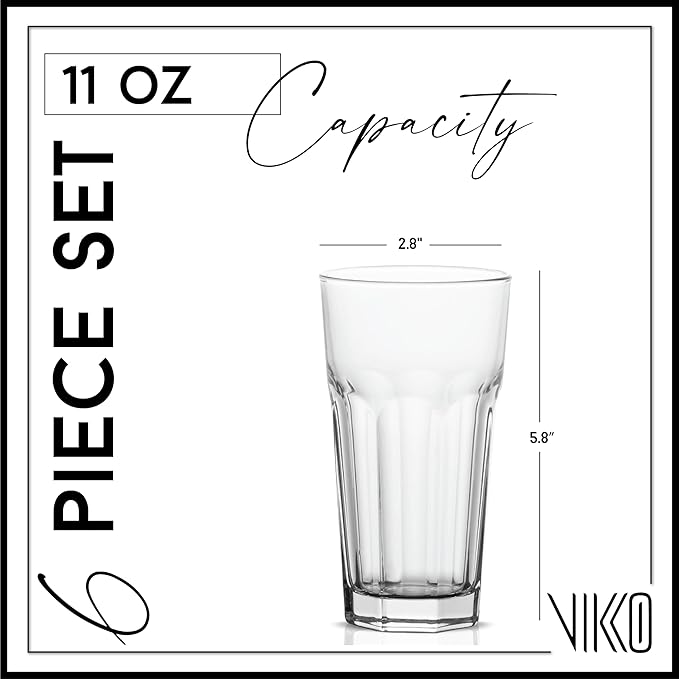 Vikko Drinking Glasses, 11 Ounce Glass Cups, Durable Glasses Drinking Set of 6, Tall Water Glasses