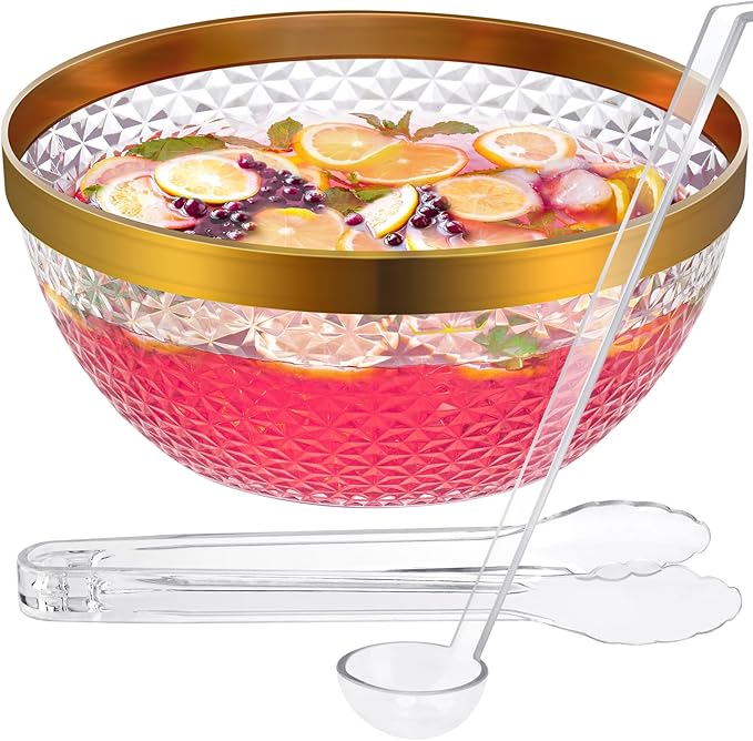 NiHome Plastic Punch Bowl with Ladle and Tong for Parties, Weddings, BBQs, 1.4 Gallon Gold Trim