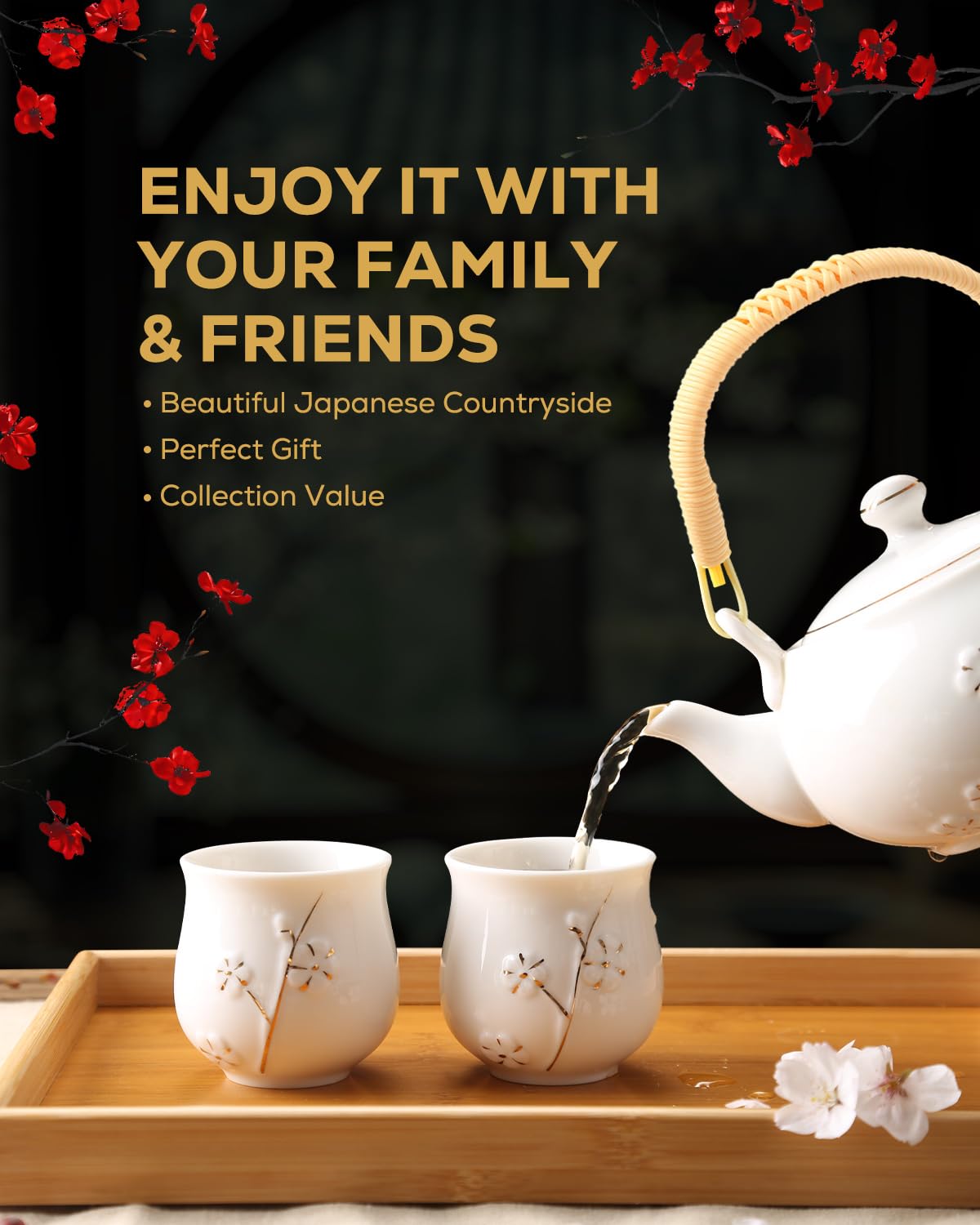 Dujust Japanese White Porcelain Tea Set - Teapot, 6 Tea Cups, Tray & Stainless Infuser - Plum in