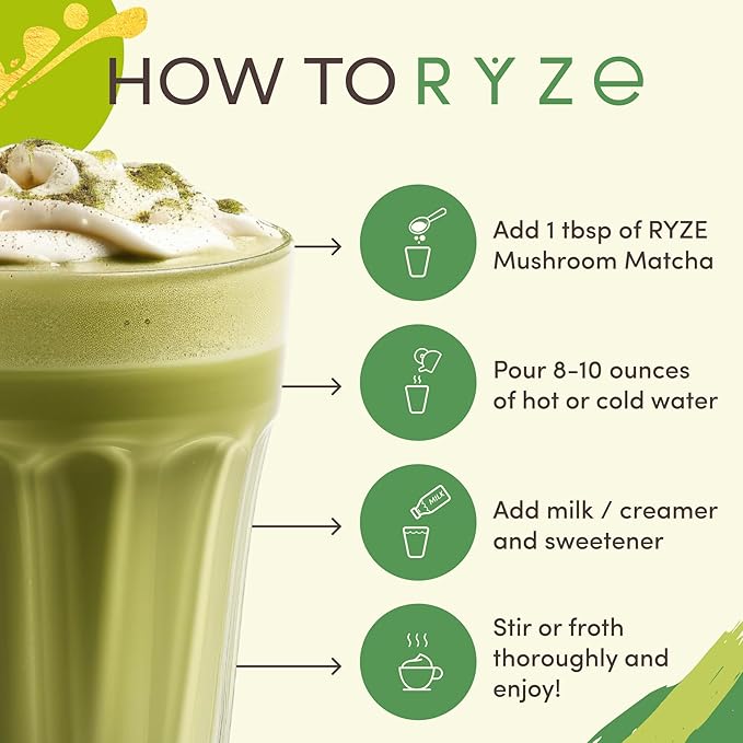 RYZE SUPERFOODS Mushroom Matcha, USDA Organic with 6 Adaptogenic Mushrooms and Ceremonial-Grade