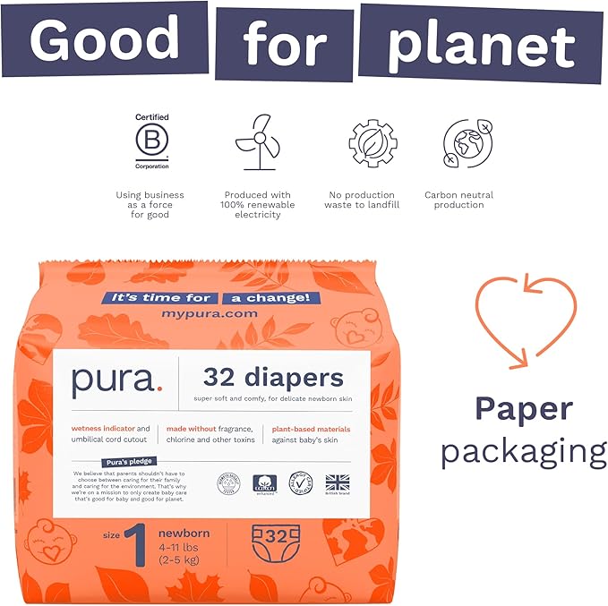 Pura Size 1 Eco-Friendly Diapers (4-11lbs) Hypoallergenic, Soft Organic Cotton Comfort