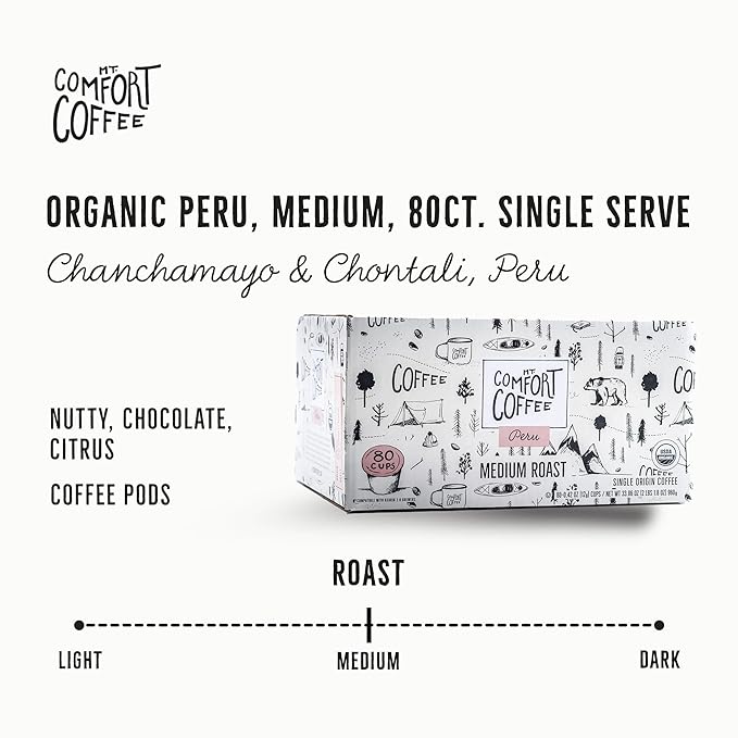 Mt. Comfort Coffee Organic Peru Medium Roast, 80 Count Coffee Pods - K-Cup Compatible Including 2.0