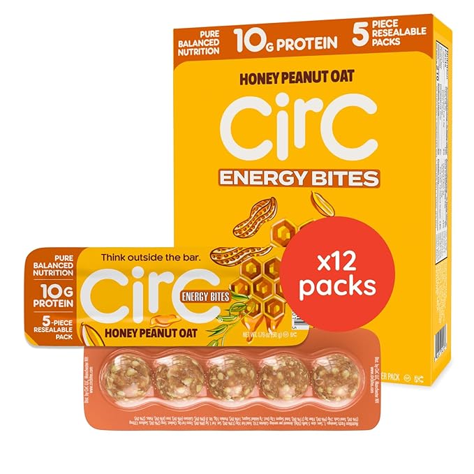 CirC Energy Bites - 12 Pack Honey Peanut Oat Gluten Free Protein Balls - 10g Protein, Whole Grains