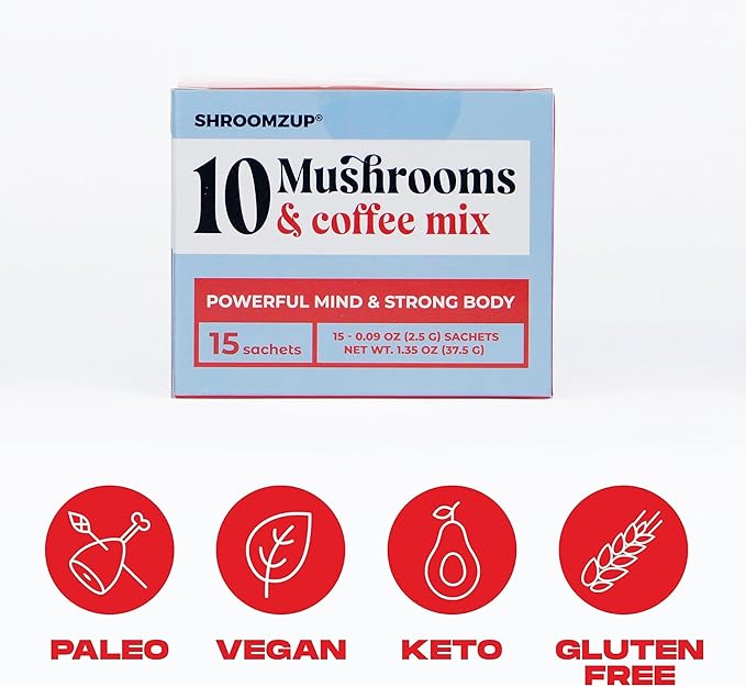 Mushroom Coffee Instant with 10 Mushrooms - 15 Single Packets with Reishi, Lion's Mane, Chaga