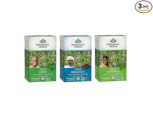 Organic India Energizing Tulsi Herbal Tea Favorites - Breakfast, Green, Moringa - Holy Basil