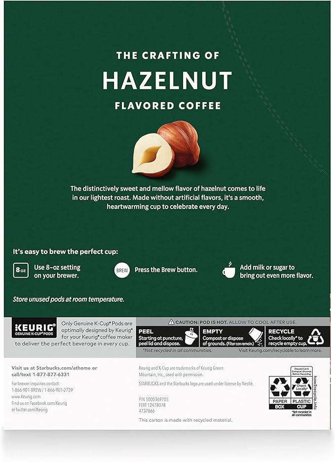 Starbucks K-Cup Coffee Pods, Hazelnut Flavored Coffee, Naturally Flavored, 100% Arabica, 6 boxes