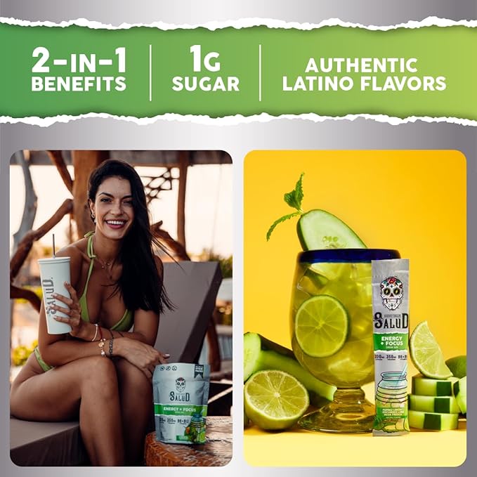 Salud 2-in-1 Energy Drink Powder + Focus, Cucumber Lime, Organic Caffeine, B6 + B12, Theanine