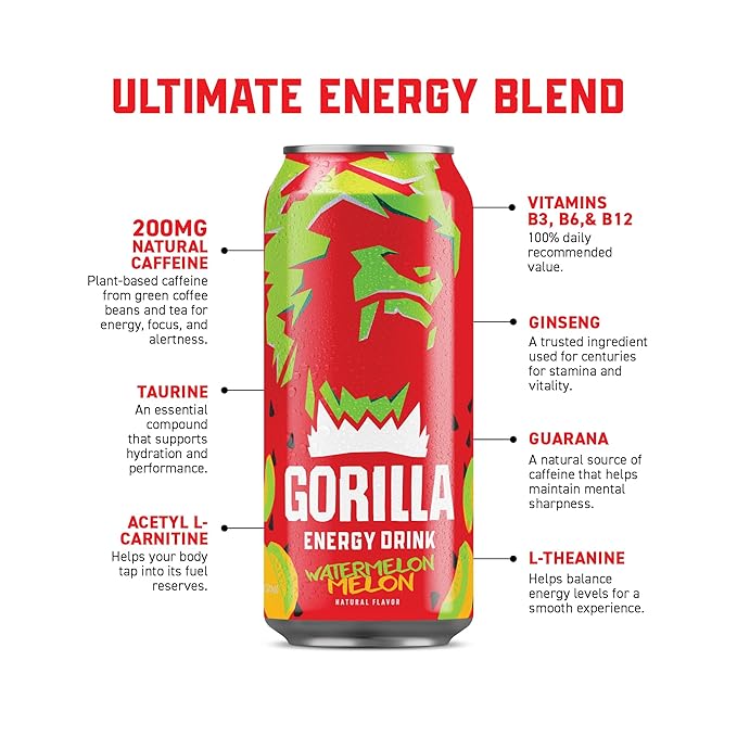 Gorilla Energy Drink, Watermelon Melon, 200mg Natural Caffeine, Real Fruit Juice Squeezed &