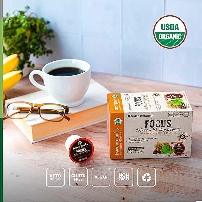 BareOrganics Focus Coffee Pods With Superfoods & Probiotics | Compatible | USDA Certified Organic