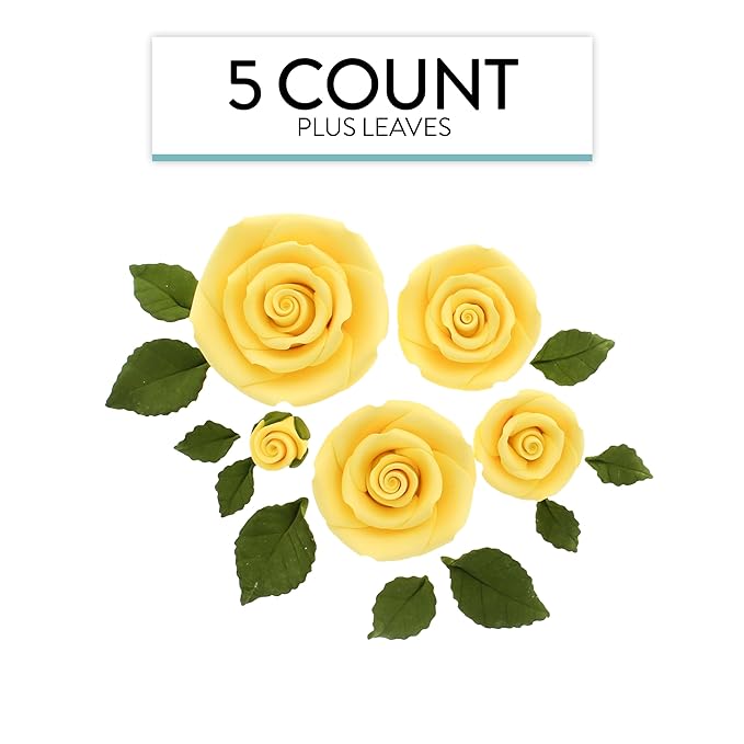 Global Sugar Art Exquisite Rose & Leaf Tray Sugar Cake Flowers, Yellow Unwired, 5 Count by Chef