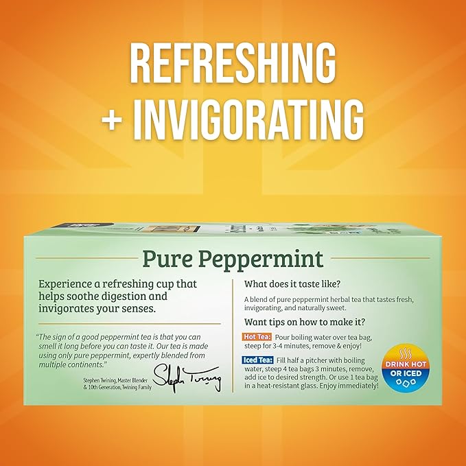 Twinings Pure Peppermint Herbal Tea Individually Wrapped Bags, 100 Count (Pack of 1), Fresh Minty