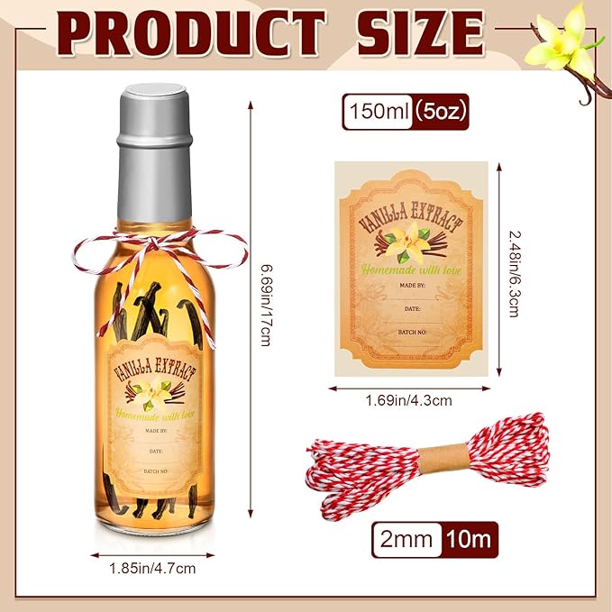 Tioncy 16 Pcs Vanilla Extract Bottles for Homemade Vanilla Jar Glass Bottle with Cap, Shrink Band