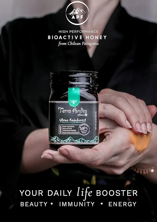 Ulmo Rainforest honey APF 200+ by Terra Andes Plus. Raw natural organic honey. Highest bioactive