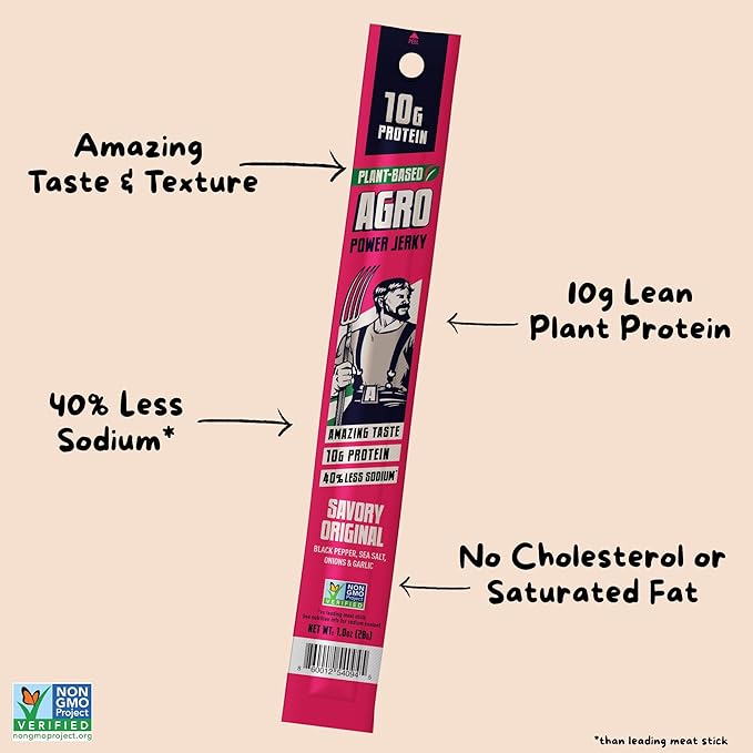 AGRO POWER Vegan Jerky Sticks ??Savory Original Flavor ??7-Stick Bag of Plant-Based Jerky with 10g