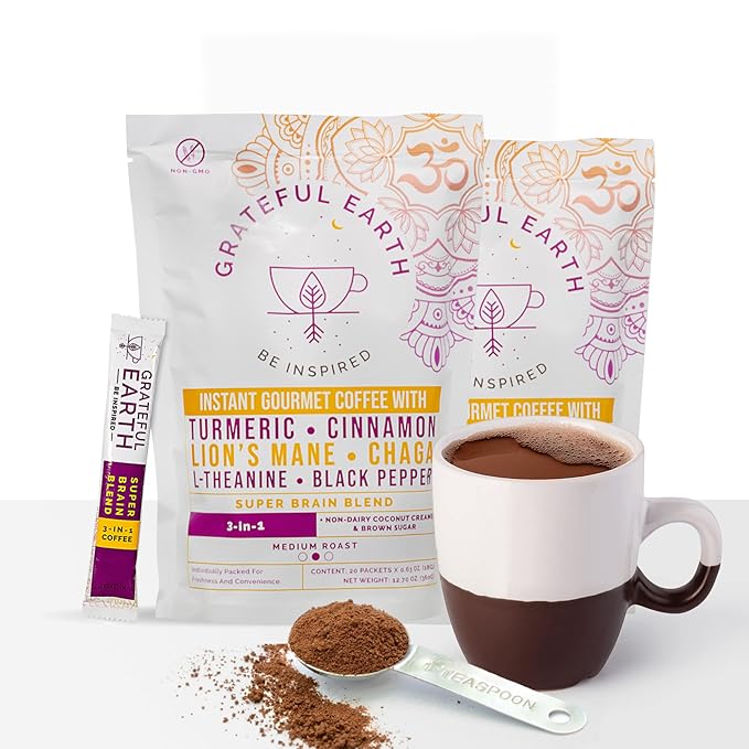 Grateful Earth Mushroom Coffee, Coconut Instant Coffee with Cinnamon, Turmeric, Lion’s Mane