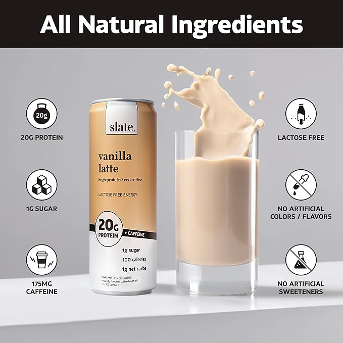 Slate Milk - High Protein Iced Coffee - Vanilla Latte - 175mg Caffeine, Lactose Free Energy - 20g