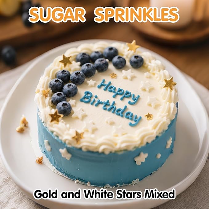 Edible Star Sugar Sprinkles, Gold and White Mix Size,Candy Star Sprinkle for Cake Decorations and