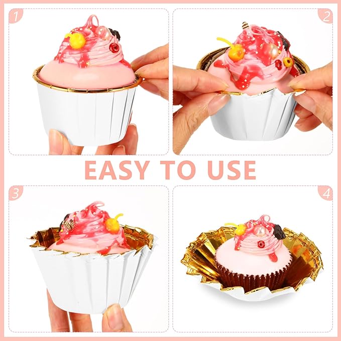 300 Pack White Gold Cupcake Liners Bulk Disposable Foil Muffin Cups 3.5 oz Wrappers for Baking