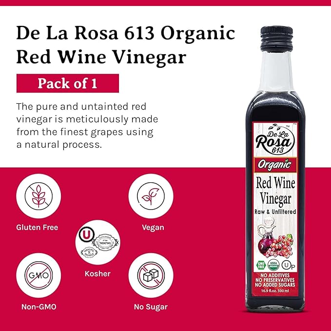 De La Rosa Organic Red Wine Vinegar, Raw & Unfiltered, Kosher for Passover, Vegan, Non-GMO & Gluten