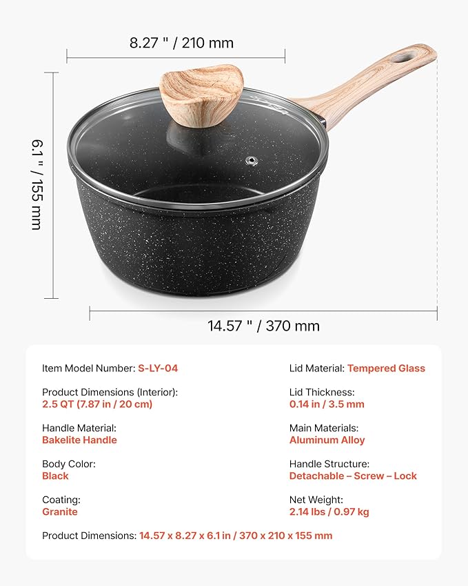 VEVOR 2.5 QT Saucepan, Nonstick Saucepan with Tempered Glass Lid, Multipurpose Cooking Sauce Pot