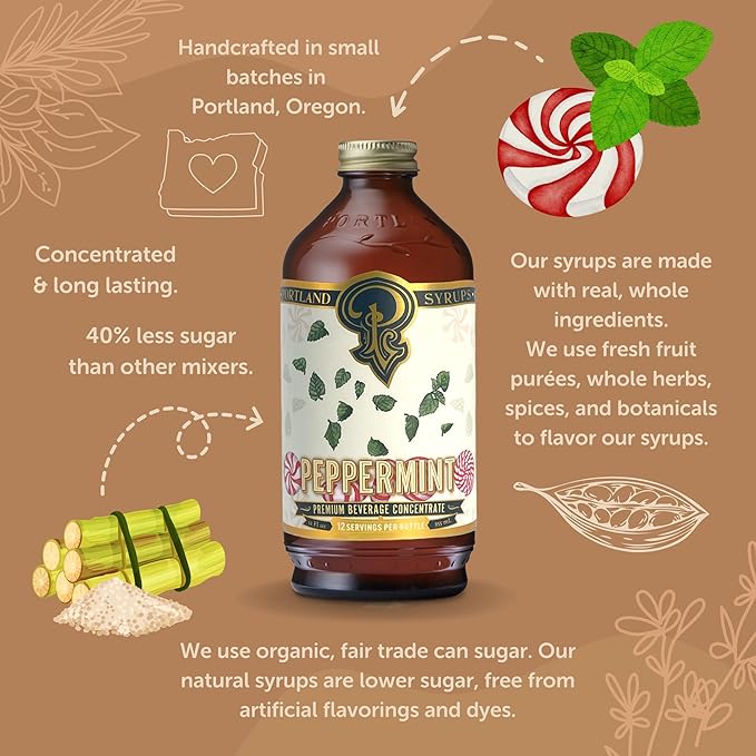 Portland Syrups Peppermint Syrup for Lattes, Coffee & Mocktails - Organic Cane Sugar & Peppermint