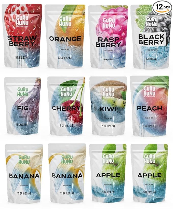 GURU HUNU Freeze Dried Fruit Mix 12 Individual Packs Healthy Fruit Snacks - Variety Pack Dehydrated