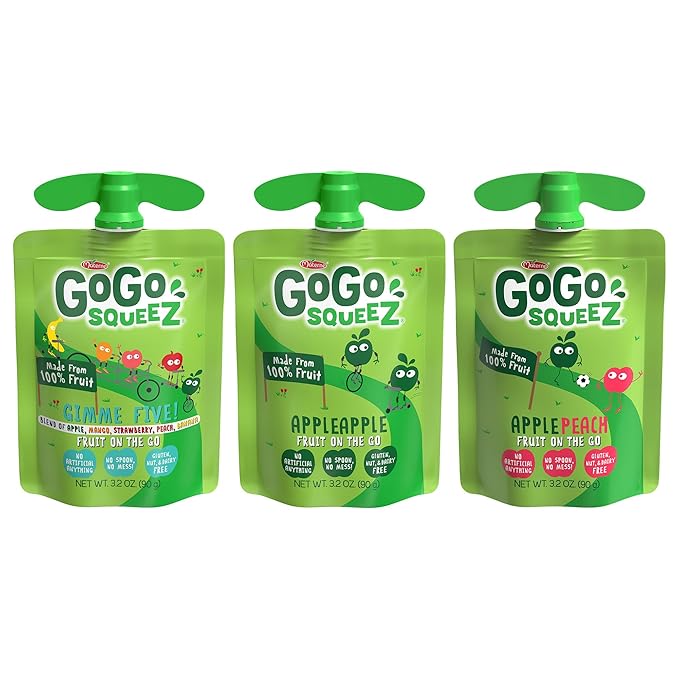 GoGo squeeZ Applesauce and Fruit Puree Variety Pack, Apple, Peach & Gimme Five!, 3.2 oz (Pack of