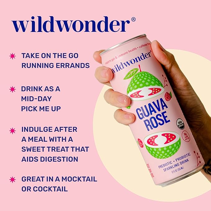 wildwonder Sparkling Probiotic Drink 12pk, For Gut Health & Immune Support, Guava Rose, 5g