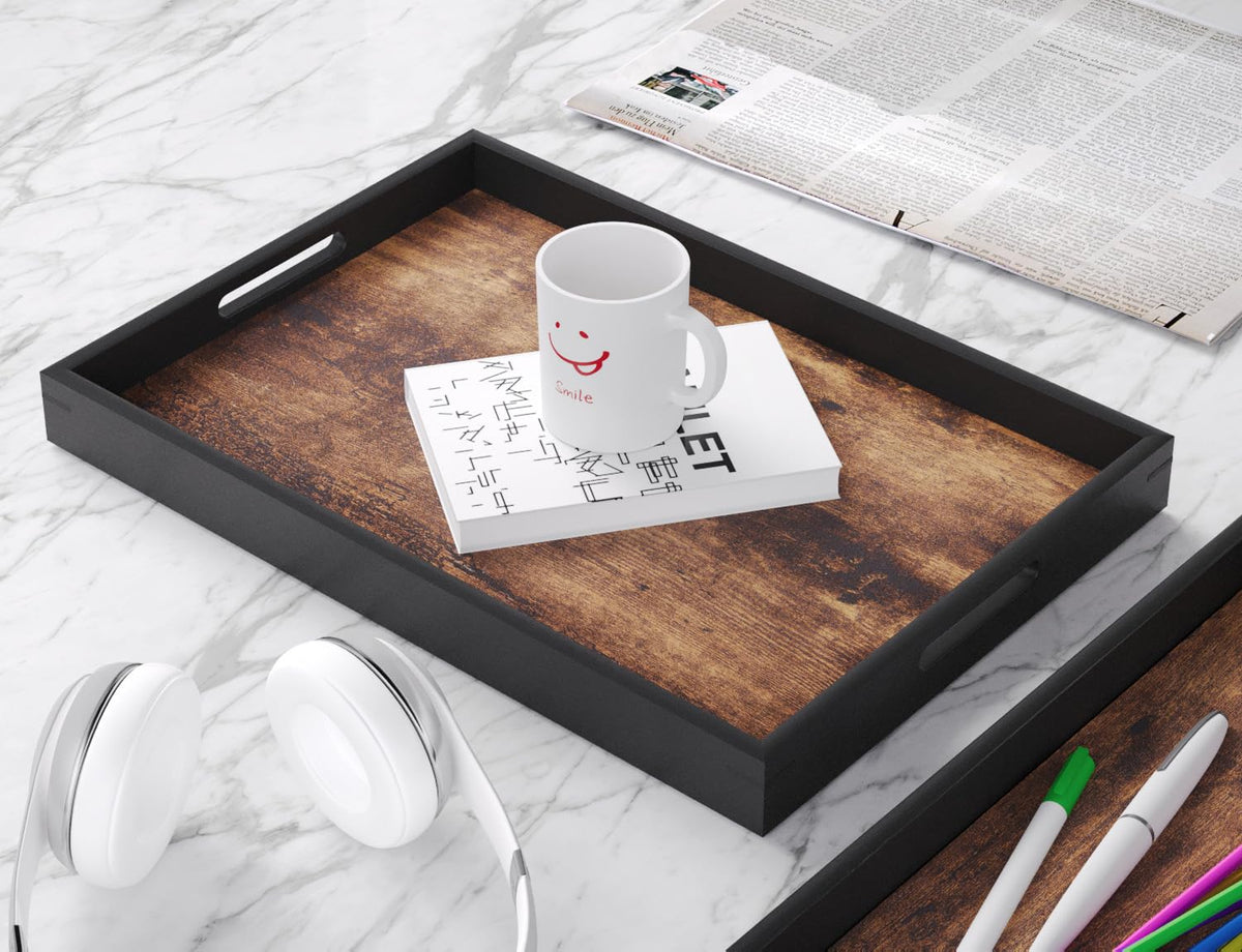 Fibogollo Set of 2 Wooden Serving Trays with Handles for Coffee Table