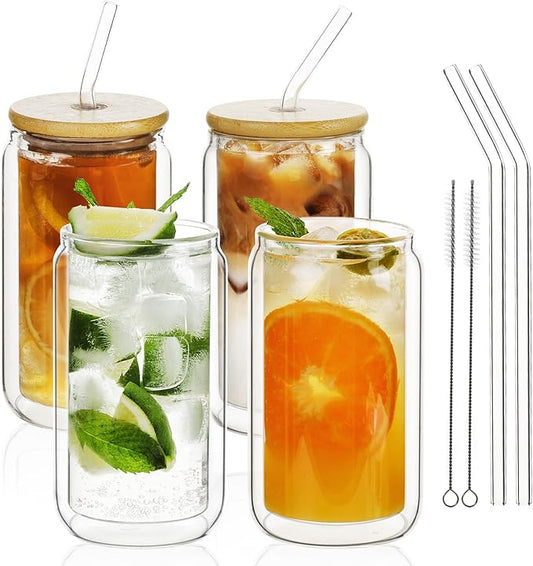 LIBWYS 13.5oz 4pcs Double Wall Glass Cups with Bamboo Lids and Straws - Condensation Resistant