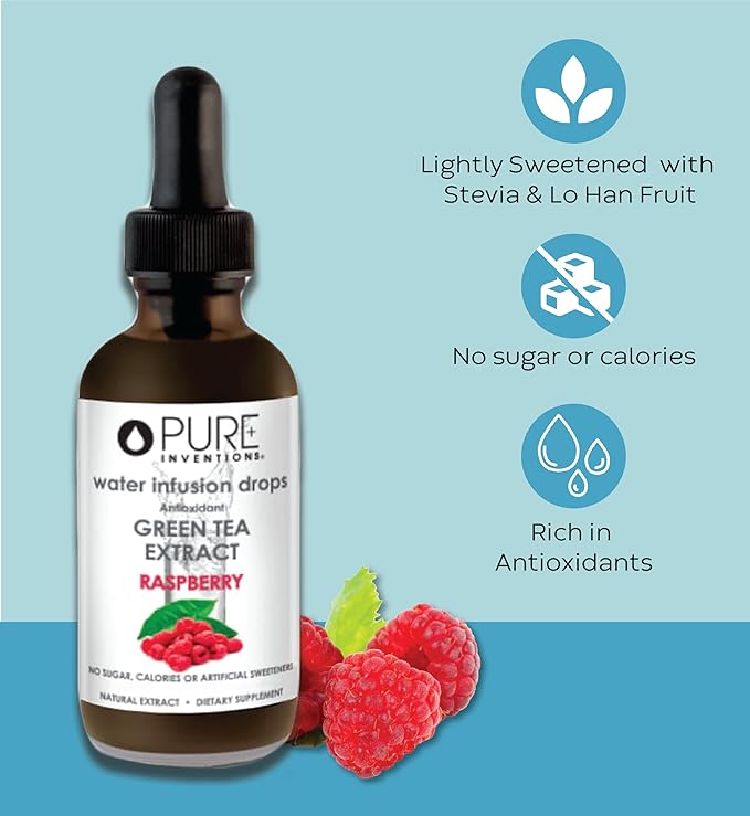 Pure Inventions - Green Tea Raspberry Water Infusion Drops - Antioxidants & Electrolytes - Health &